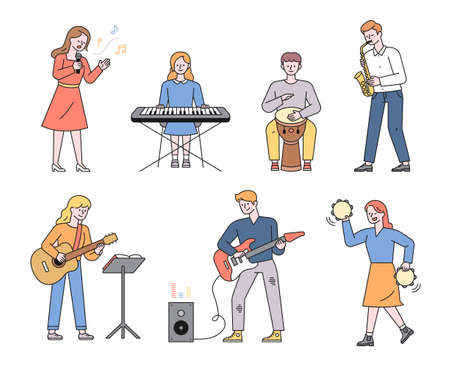 Young musicians playing various instruments such as keyboard, tambourine, trumpet, djembe, guitar flat design style minimal vector illustration.のイラスト素材