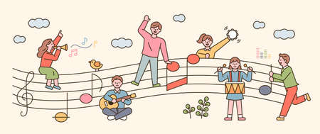 People sit on sheet music and sing and play musical instruments. flat design style minimal vector illustration.のイラスト素材