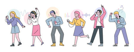 People are listening to music with phones in their hands, earphones in their ears. flat design style minimal vector illustration.のイラスト素材