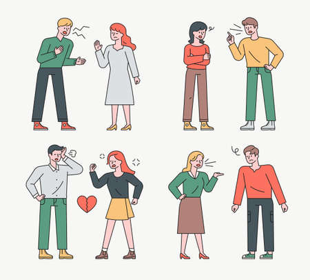Collection of quarrelsome couples. Couples are yelling at each other and getting angry.flat design style minimal vector illustration.のイラスト素材