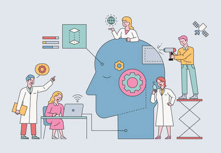 Scientists are working on giant human-headed robots in an artificial intelligence lab. flat design style minimal vector illustration.のイラスト素材