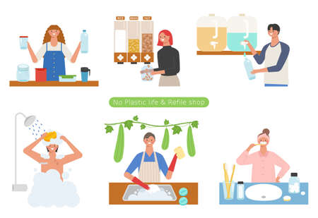 People who shop at zero-waist stores and people with a plastic-free lifestyle. flat design style minimal vector illustration.のイラスト素材