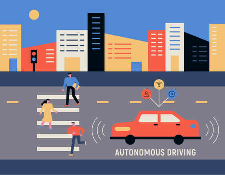 Automotive safety technology. In the background of the city, people are crossing at the crosswalk, and cars on the road are detecting people.のイラスト素材