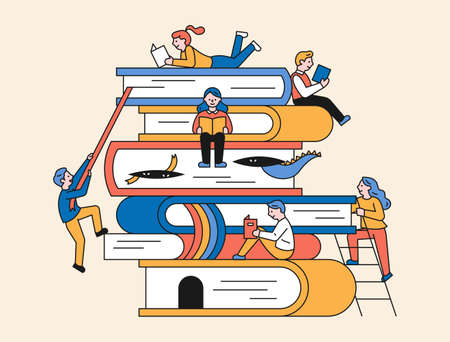 There are huge books piled up and people are sitting and reading.
