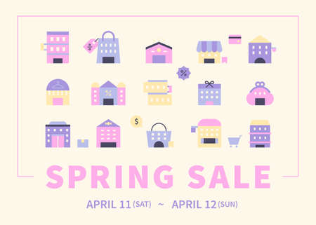 Spring Sale Event Poster. Simple building icons in pastel colors are listed.のイラスト素材