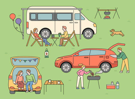 People who enjoy auto camping. Outdoors, people are camping in vans and cars.のイラスト素材