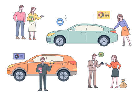 Car dealership. Customers are checking cars. Car dealers are explaining.のイラスト素材