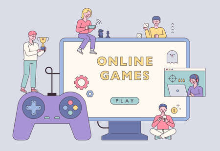 People who enjoy the game. Little people are playing games around large monitors and controllers.のイラスト素材