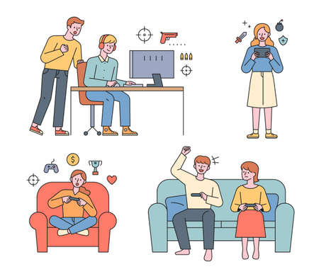 People are playing video games. Friends playing games on the computer, people playing mobile games, and sitting on the couch in battle.のイラスト素材