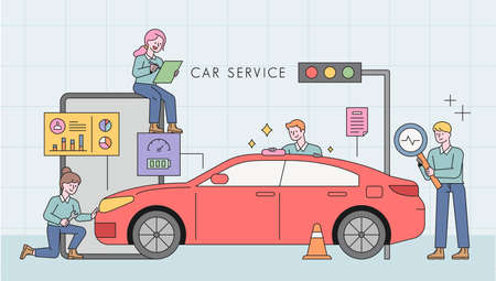 Car service station. Professional engineers are analyzing the car.のイラスト素材