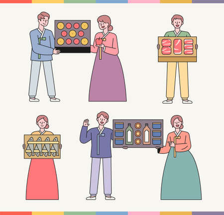 A gift set that Koreans love. People in traditional Korean costumes are showing off gift items. flat design style minimal vector illustration.のイラスト素材