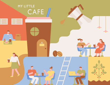 Coffee shop poster. Interior of a coffee shop with various layouts. People are sitting at the table and drinking coffee. flat design style minimal vector illustration.のイラスト素材