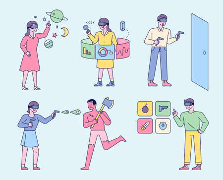 People who enjoy VR technology. People are wearing VR glasses, playing games, analyzing graphs, and selecting items.のイラスト素材