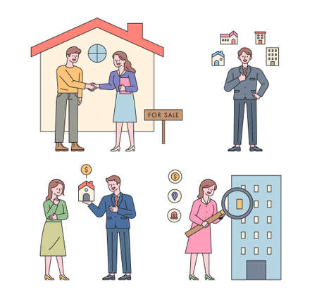 Collection of real estate characters. People are looking for a house contract, a property introduction, an explanation, and a magnifying glass.のイラスト素材