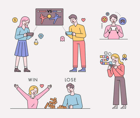 People are playing games on their smartphones. People are battling with friends, choosing items, and building blocks.のイラスト素材