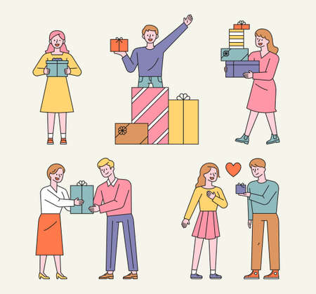 People with gift boxes. People are stacking gift boxes and are happy and giving gifts to loved ones. flat design style minimal vector illustration.のイラスト素材