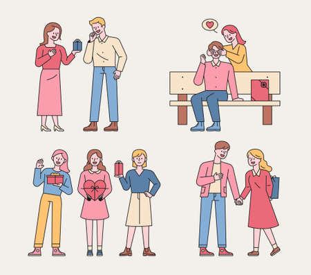 Couples giving Valentine's Day gifts. Couples are holding a surprise event with their hands covering their eyes or hiding gifts behind their backs. flat design style minimal vector illustration.のイラスト素材