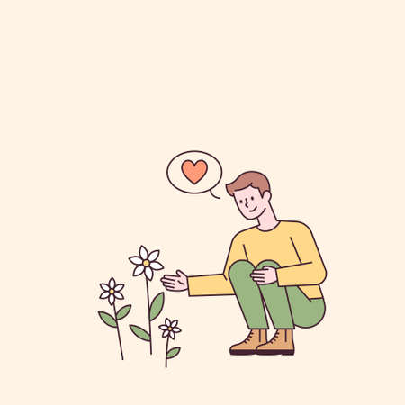 A man is sitting and looking at a flower blooming on the side of the road. flat design style minimal vector illustration.のイラスト素材