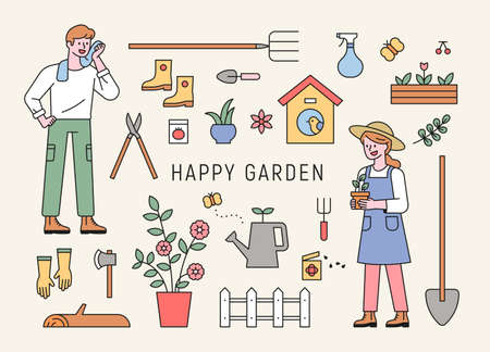 Man and woman characters doing gardening. Gardening tools icon collection. flat design style minimal vector illustration.のイラスト素材