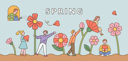 People walking through a large flower garden. Horizontal banner template. flat design style minimal vector illustration.のイラスト素材