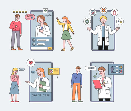 Smartphone health care. Customers are seeing doctors on mobile. flat design style minimal vector illustration.のイラスト素材