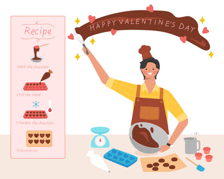 Make a Valentine's Day chocolate gift. A handsome man is wearing an apron and is spreading chocolate in the air, and a recipe is written next to him.のイラスト素材