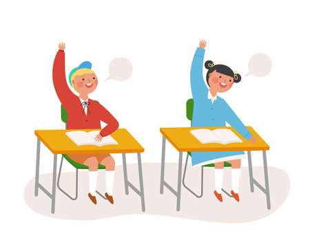 Primary education illustration. Cute pupils are sitting at the classroom desks and raising their hands.のイラスト素材