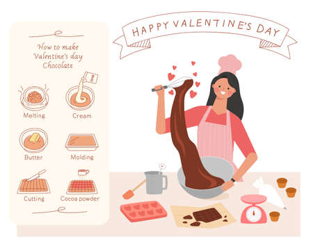 Make a Valentine's Day chocolate gift. Her pretty little girl is putting on her apron and stirring her chocolate and a recipe is written next to her.のイラスト素材
