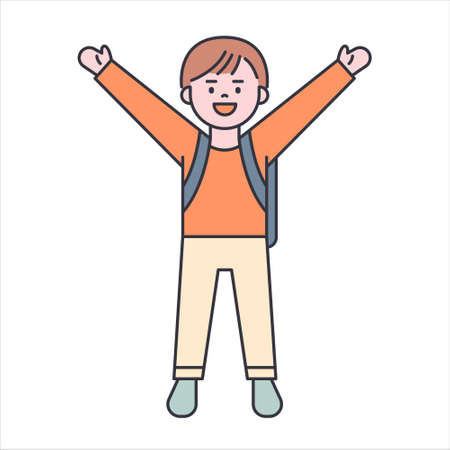 A cute boy is carrying a school bag and is hurraying. flat design style minimal vector illustration.のイラスト素材