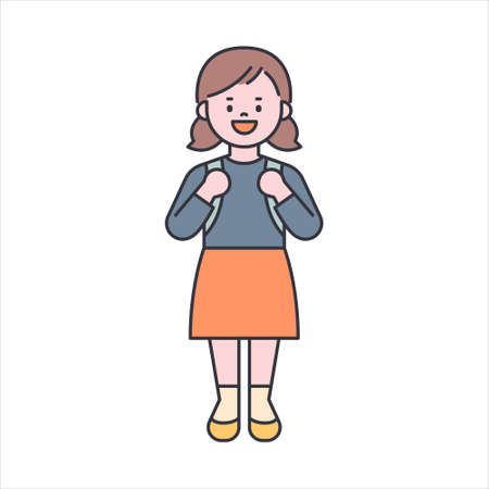 A cute little girl is standing wearing a school bag. flat design style minimal vector illustration.のイラスト素材
