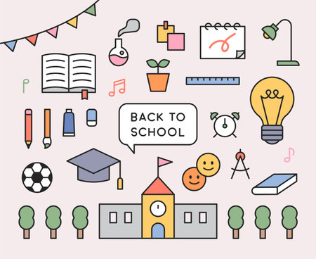 School icon collection. School supplies, books, and buildings objects. flat design style minimal vector illustration.のイラスト素材