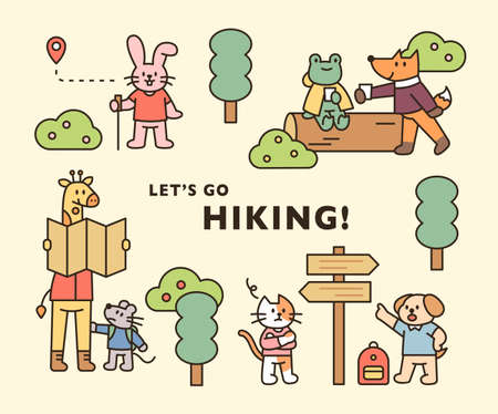 Animal hiking poster. Cute animals are traveling through the forest. flat design style minimal vector illustration.のイラスト素材