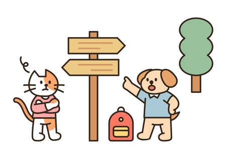 Dogs and cats are backpacking. Dogs and cats are quarreling in front of a milestone. flat design style minimal vector illustration.のイラスト素材