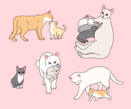 Collection of cute mother and baby cat characters.のイラスト素材