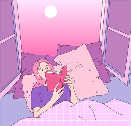 A girl is lying by the window and reading a book.のイラスト素材