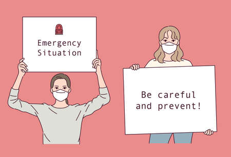 The girl in the mask is holding a white board in her hand.のイラスト素材