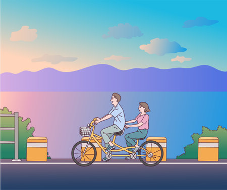 A man and a woman are dating on a couple bike.のイラスト素材