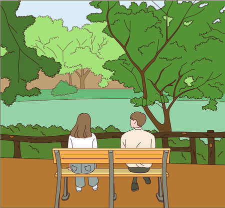 The back view of a man and a woman sitting on a park bench.のイラスト素材