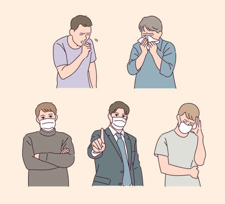 The man in the mask is speaking. People who don't wear a mask are sneezing.のイラスト素材