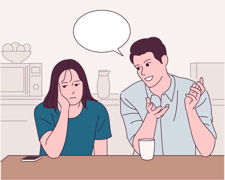 The man and woman at the table are having a conversation, and the woman is looking bored.のイラスト素材