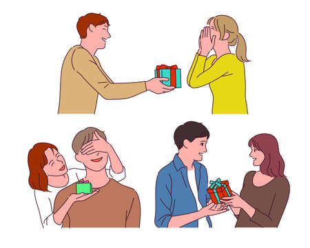 Man and woman couples are giving each other gifts.のイラスト素材
