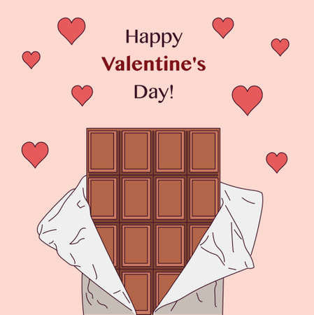 Chocolate with peeled packaging. Valentine's Day illustration.