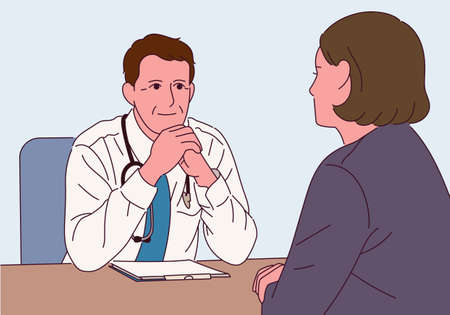 The doctor is sitting at the desk and listening to the patient.のイラスト素材
