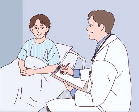 A doctor is treating a patient lying in a hospital bed.のイラスト素材