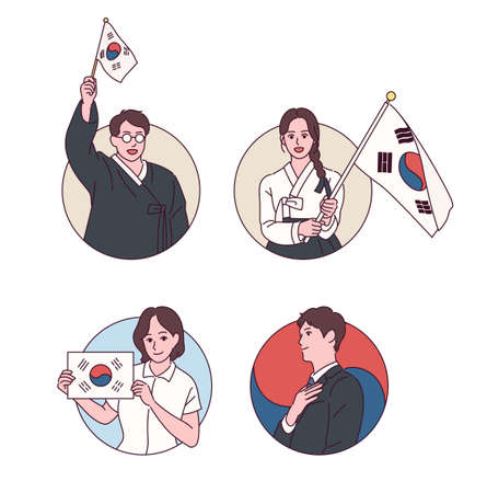 People in traditional Korean costumes are waving Taegeukgi.のイラスト素材