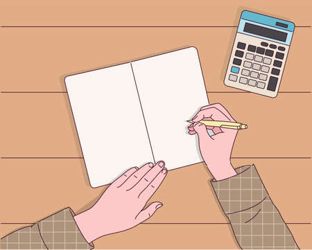 The hand holding the pen is writing in a notebook.のイラスト素材