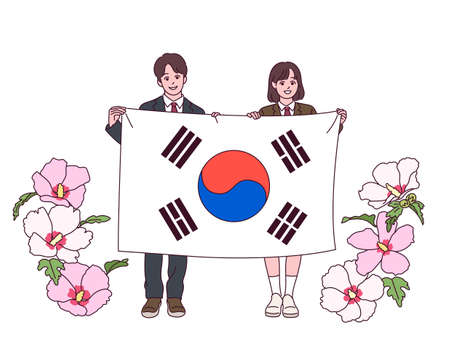 A young male and female student is standing with a large Korean flag. A rose of sharon flowers are blooming next to it.のイラスト素材