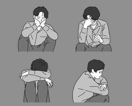 A man with a depressed expression is sitting.のイラスト素材