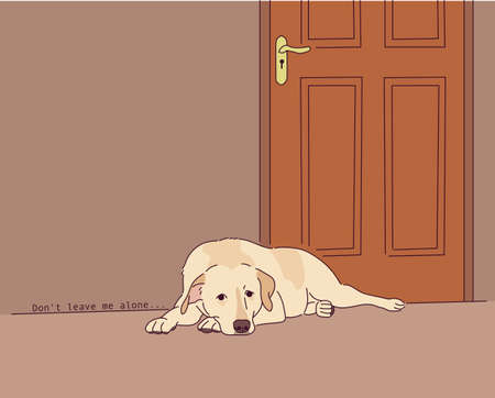 Labrador Retriever is waiting for his family in a dark house alone.のイラスト素材