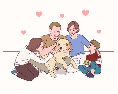 Happy families raising Golden Retrievers.のイラスト素材